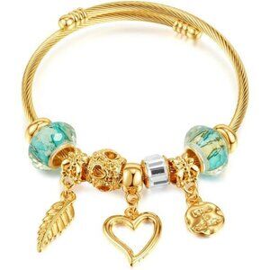 Gold Plated Charm Bracelet Adjustable Stainless Steel Cuff Cubic Zirconia Bangle
